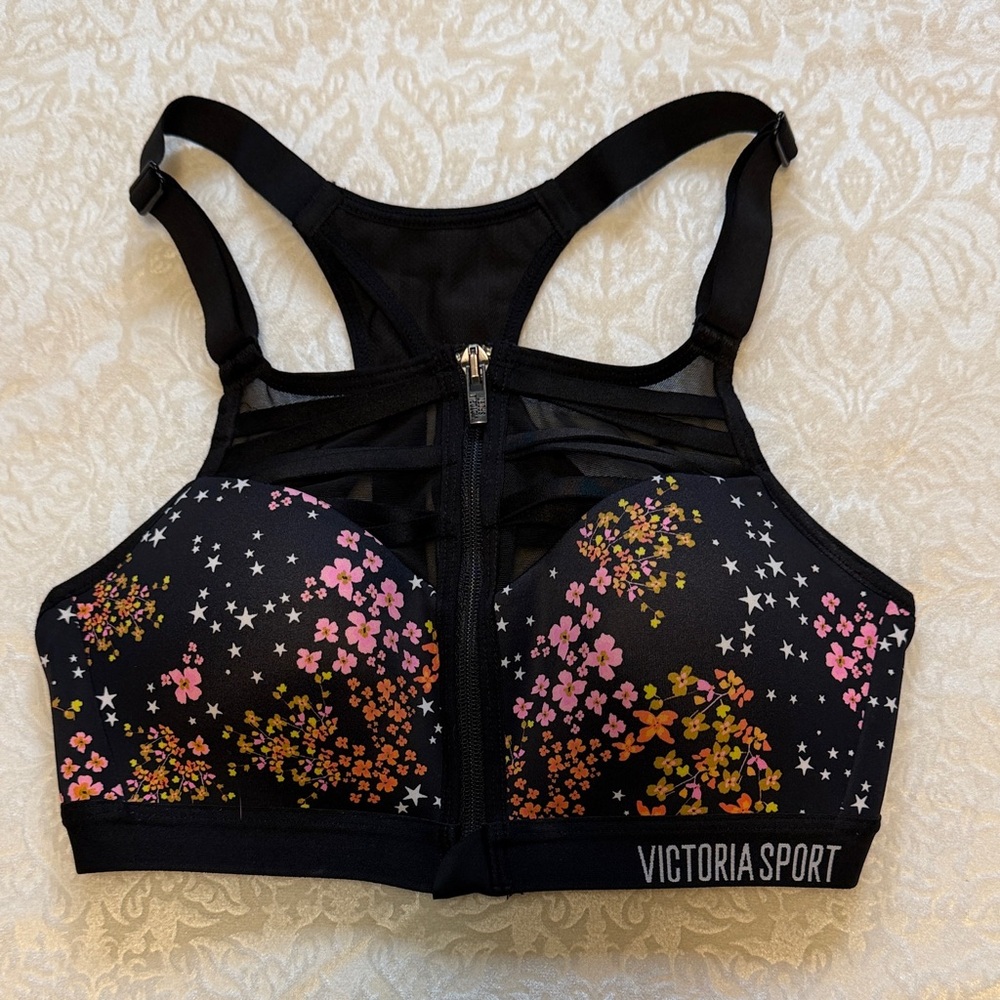 Victoria Sport Black Floral Front-Zip Sports Bra